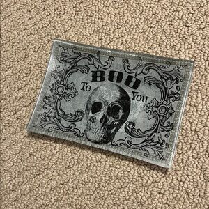 Glass Halloween-themed trinket dish with a skull design and text "BOO To You".